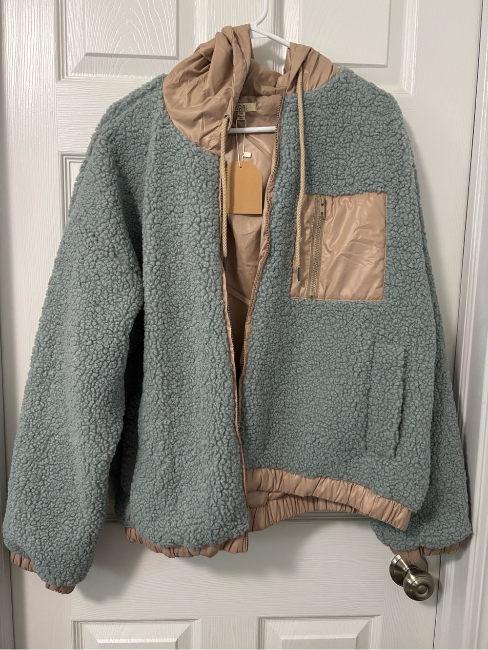 Kori Mint Sherpa Jacket with Tan Trim